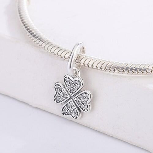 925 Sterling Silver Four Leaf Clover Heart Pendant Inlaid White CZ Transparent Zircon Charm Bracelet Jewelry Making For Pandora