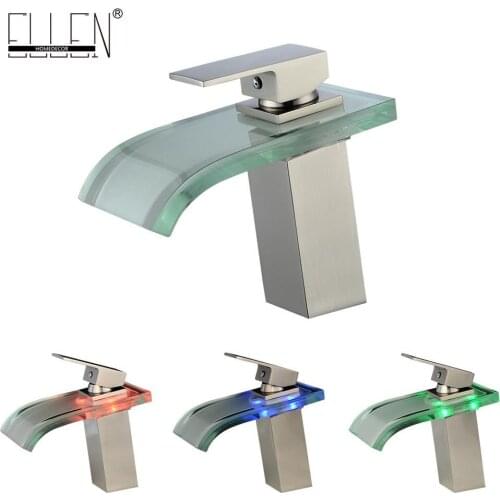 Vidric LED Waterfall Bathroom Sink Faucet Hot and Sink Water Mixer Tap Brush Nickel Waterfall Glass Faucets