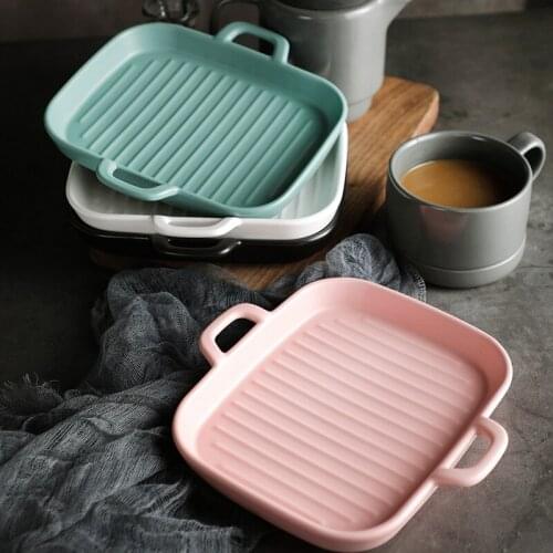 Ins Style Matte Plate With Double Handles Western Style Baking Plate Bakeware Nordic Home Steak Noodles Plate Creative Tableware