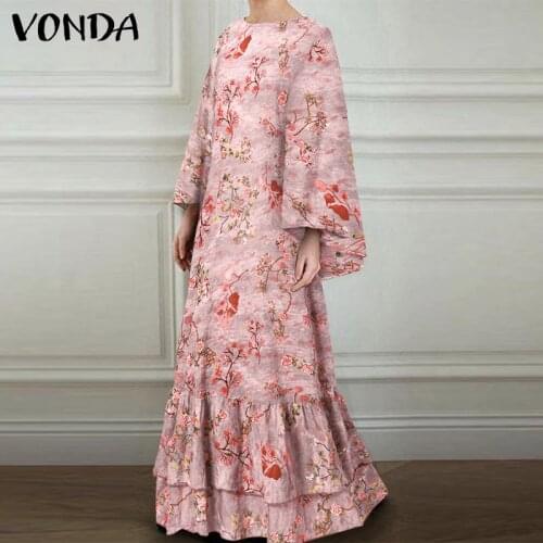 Spring Women Elegant Kaftan Dress 2021 VONDA Vintage Crew Neck Floral Ruffle Long Maxi Dress Oversized Vestidos Robe Femme