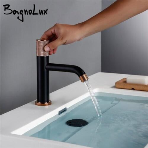 Vidric Wholesale Retail Matt Black & Gold Rose Knurled Handle Bathroom Basin Swivel Knurling Knob Design Deck-Mount Water Mixer