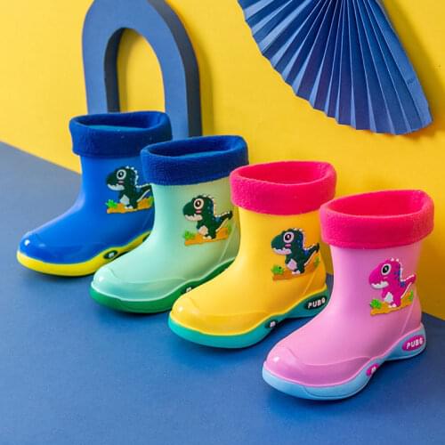 Cartoons Dinosaur Waterproof Kids Rain Shoes High Top Childrens Rain Ankle Boots Slip on Fleece Wear Boy and Girls Rain Boots