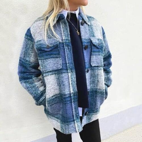 Ladies Contrast Woolen Gingham Checkered Jacket Outerwear - Women Wool Blend Top