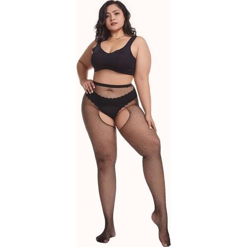 Plus size Sexy Women Black fish net Stockings with Rhinestone open Crotch pantyhose Stockings Sexy Fishnet Stockings big size
