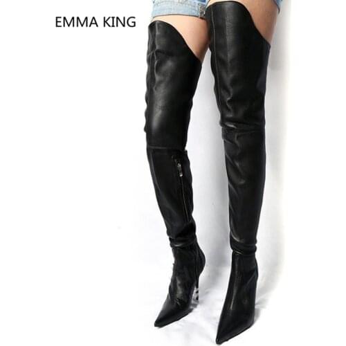 2019 New Women Over The Knee Knight Boots Pointed Toe High Heels Black Leather Ladies Winter Gothic Shoes Woman Thigh High Boots