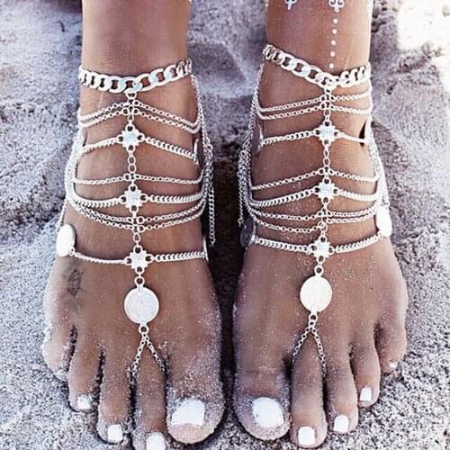 Bijoux femme Bohemian Tassel Anklets Adjustable Size Beach Multilayer Chain Women Foot Bracelet Barefoot Chain Retro Jewelry