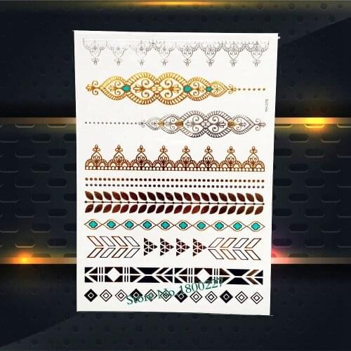 Flash Gold Silver Metallic Tattoo Indian Bracelet Chains 21x15CM Women Henna Lace Jewelry Temporary Fake Tattoo Sticker