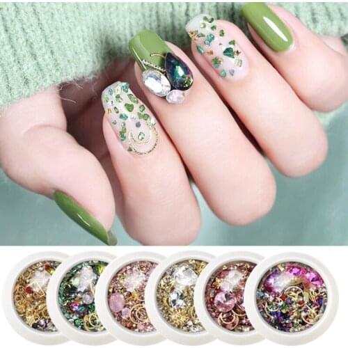 1 Box Nail Art Alloy Rivet Color Star Moon Green Rhinestone Gravel Mix Set 3D Nail Art DIY Decoration Accessories