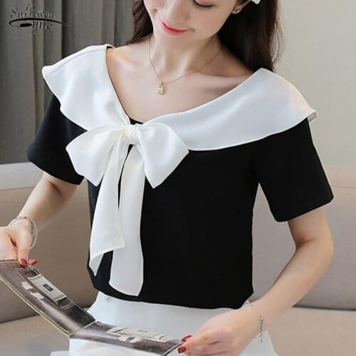 2021 Summer Short Sleeve Women Shirts Office Lady Solid Chiffon Women Blouse and Tops V Neck Lace Up Female Clothing 14202