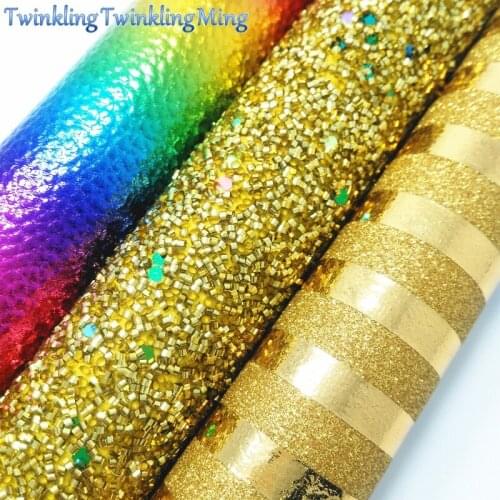 YELLOW GOLD Glitter Fabric, Rainbow Faux Leather Fabric, Stripes Synthetic Leather Sheets For Bow A4 8"x11" Twinkling Ming XM266