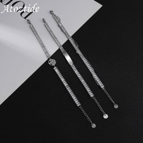 Atoztide New Trendy Square Zircon Lifetree Diamond Bracelet Set Stainless Steel Adjustable Bangle For Women Jewelry Gift