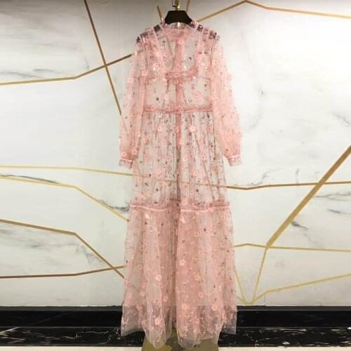 Black Runway Fashion 2021 Spring Summer Long Sleeve Women Flower Embroidery Mesh Ruffles Plus Size Dress