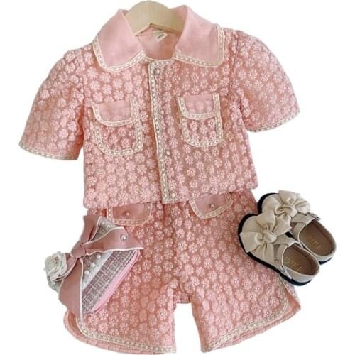 Elegant Suits for Baby Girls 2Pcs Set Blouse +Shorts Suit Embroidery Fashion Fancy Clothing Sets Floral Lace Childrens Clothing