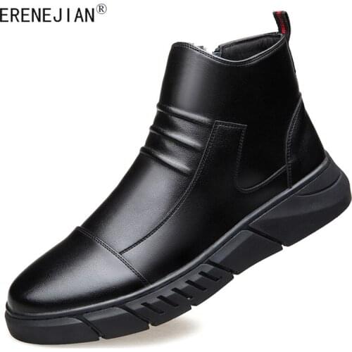 ERENEJIAN Mens Motorcycle Biker Ankle Boots Leather Platform Botas For Man Slip On High Top Shoes Non Slip Bottom