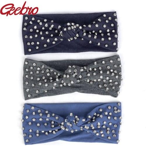 Geebro Women Bohemia Denim Ribbed Headband Rhinestones Accessories Diamonds Female Bow Knotted Elastic Cotton Hairband Headwear