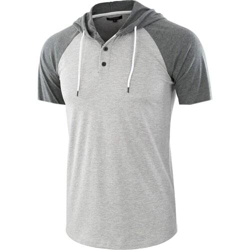 Hot Sale New Fashion Mens Clothing Summer Button Blouse Hooded Drawstring Solid Color Stitching All-match Breathable S-2XL