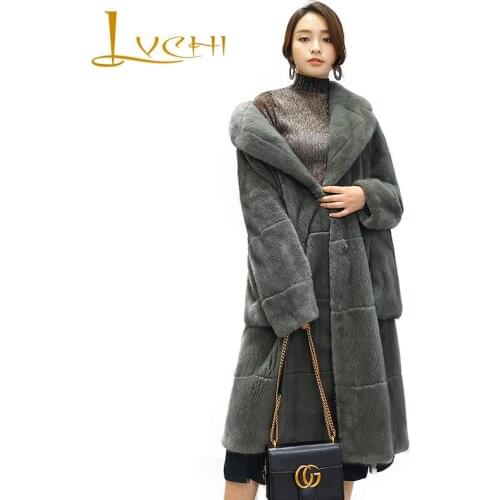 LVCHI Winter 2019 Import Swan Velvet Real Mink Fur Coat Womens Turn-Down Collar Coat Full Pelt Causal Pockets X-Long Mink Coats