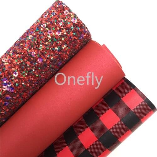 Onefly 21X29CM Red Glitter Leather, Plaids Printed Synthetic Leather Fabric Sheets For Bow DIY handbags shoes AQ020