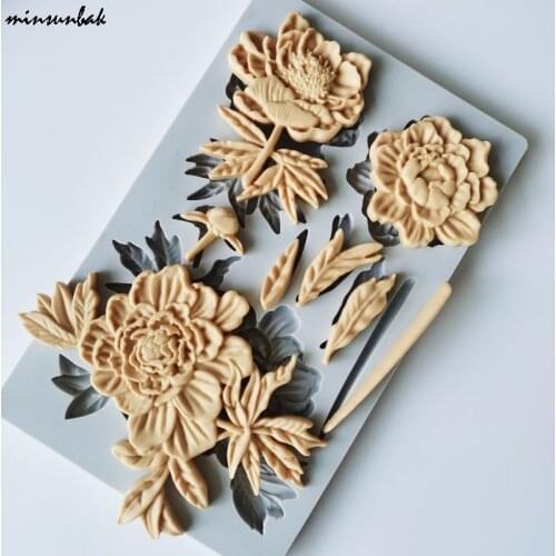 Minsunbak Flower Silicone Peony Flower Leaf Cake Mold Fondant Mould Candy Chocolate Decoration Baking Tools SugarCraft
