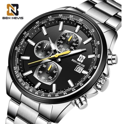 BEN NEVIS Men Wristwatches Silver Stainless Steel 3 Sub Dial Design Waterproof Luxury Top Brand Watches Male Clock