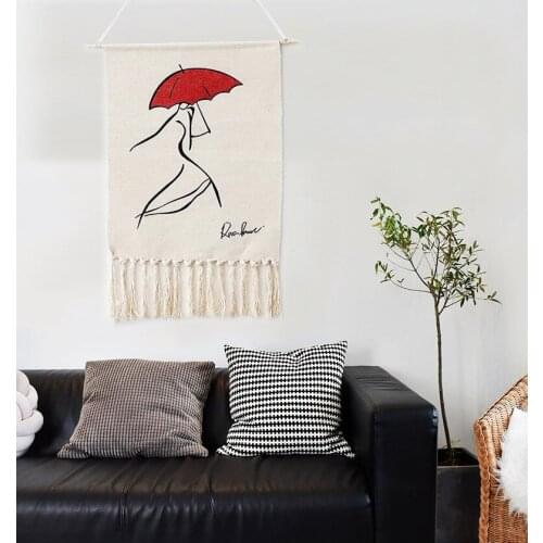 Simple Pattern Wall Hanging Linen Tapestry Red Umbrella Rambler Ins Style Living Room Decoration Wall Carpet T227