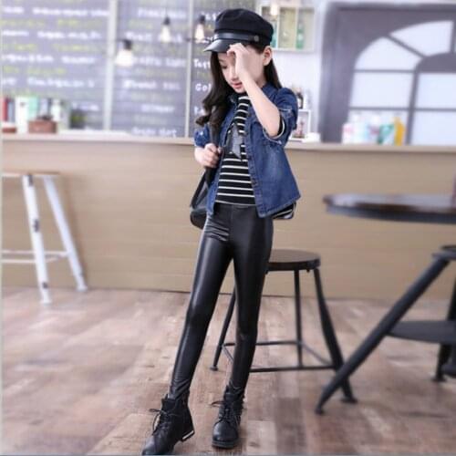 2020 New Children Pants Korean Popular Autumn And Winter Leather Girls Leggings Thin Black Wear Spring Trousers 3-7 Fashion