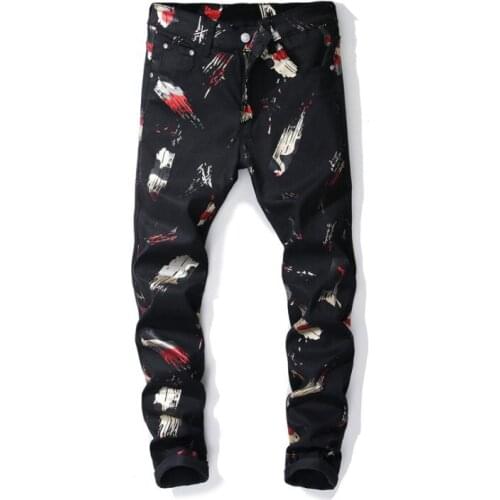 New Western style jeans men Digital printing Pants Slim fit flower denim pant fashion elastic force Black casual trousers black