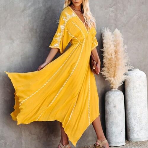 Sexy chic embroidery half sleeve yellow maxi dress Boho hippie women irregular beach vocation dress Lady cotton linen vestidos