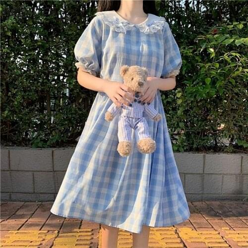 Dresses Women Summer Sweet Ruffles Peter Pan Collar Y2k BF Moda Plaid Casual Harajuku Kawaii Femme Design Sayas Largas De Mujer