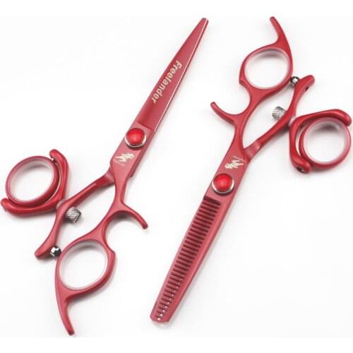 High quality Professional 6 inch Japan 440C cutting thinning hair scissors set double rotary handle Flying Swivel Scissors red