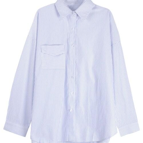 Early spring 2021 newWomen Fashion Office Wear Striped Loose Blouses Vintage Long Sleeve Pockets Female Shirts high qualityTops