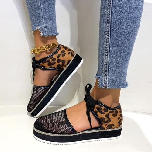Leopard Mesh Womens Sandals 2021 Summer Shoes For Women Lace Up Cover Heel Female Casual Flat Ladies Big Size Footwear