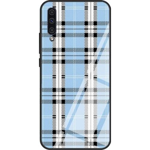 Blue Plaid Tempered Glass Case For Samsung A52 A12 A32 A42 A72 A31 A51 A71 A40 A50 A70 A20e A21S
