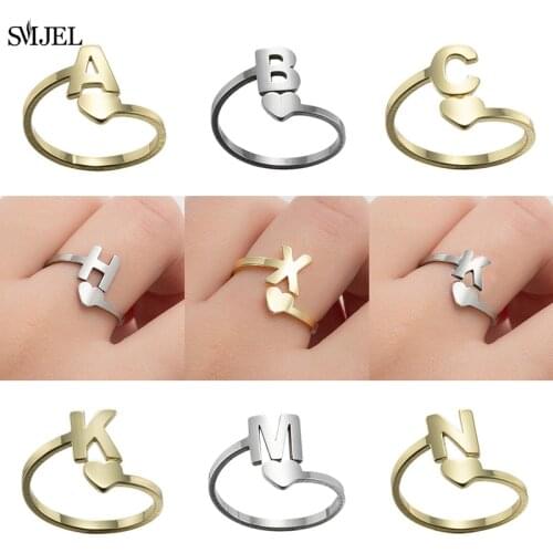 SMJEL Fashion Tiny Heart Initial Rings for Women Personalize Letter Name Cuff Rings Cocktail bijoux Femme Jewelry Gift Accessory