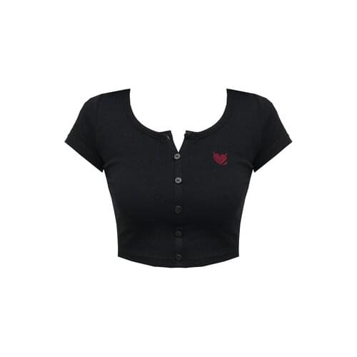 Gothic girls devil love embroidery slim elastic round neck short T-shirt summer Sexy Punk Women Black White Pullover Shirts
