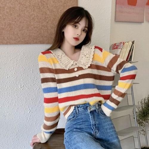 Women Clothing 2021 Spring Autumn New Korean Lazy Wind Rainbow Stripe Loose Long Sleeve Top Knitted Sweater Hollow Out Pullover