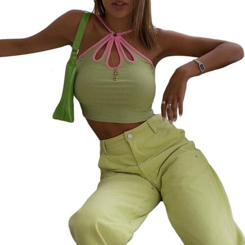 Women Polyester Casual Halter Crop Cami Tops Sexy Sleeveless Ring Front Hollow Out Color Block Camisole