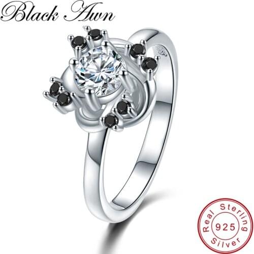 [BLACK AWN] Flower 3.2g 925 Sterling Silver Jewelry Black Stone Engagement Rings for Women Round Zircon Wedding Ring C416