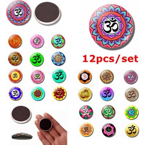 12pcs Hinduism Om Symbol Yoga Fridge Magnet Feature Om Symbol Message Board Sticker Glass Dome Religious Fridge Magnet HomeDecor
