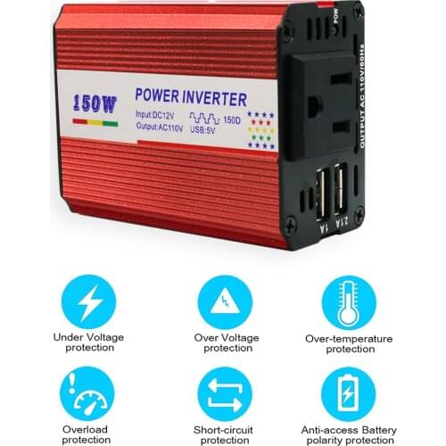 150W Car Power Portable Inverter DC 12V to AC 110V/220V 3.1A Dual USB Output Clip Type Universal Plug