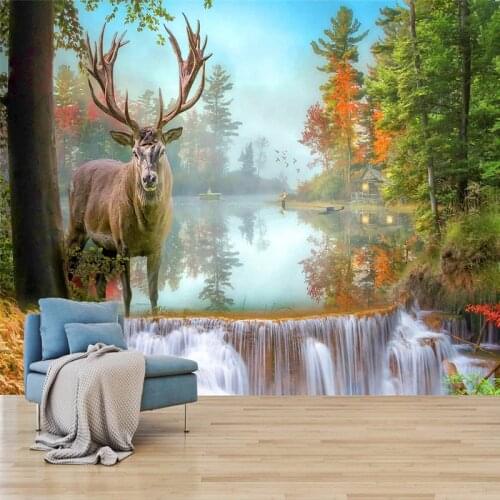 Waterfall Forest Elk Custom 3D Photo Wallpaper Living Room Sofa Bedroom TV Background Wall Art Mural Landscape Papel De Parede