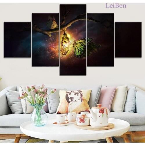5 Piece Set Canvas Painting Butterfly Emerges From The Cocoon Wall Art Poster Forest Night View Modular Picture Home Decoration