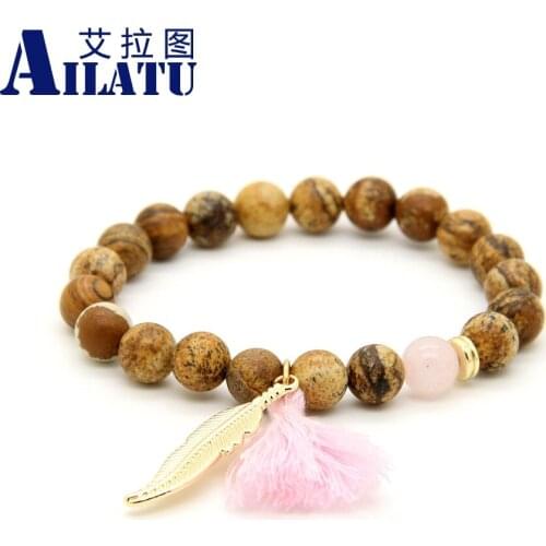 Ailatu 8mm Yellow Picture Stone Beads Hang Feather and Tassel Lucky Bracelet For Lovers Christmas Gifts