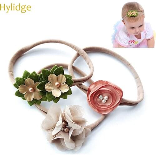 Hylidge Children Kids Headwear 3 pieces/lot Baby Elastic Flower Headband Lace Pearl Baby Girls Hair Rope