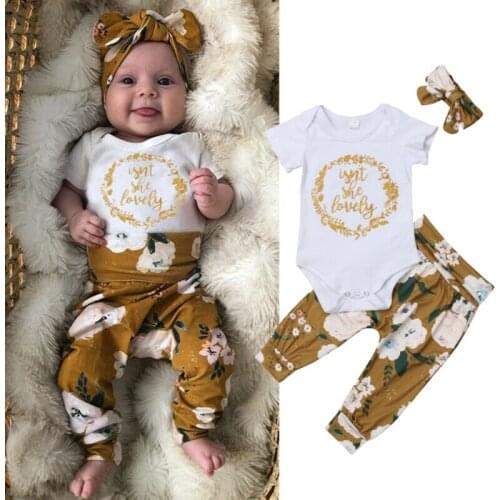Newborn Baby Girl Autumn Casual Little Sister Short Sleeve T-shirts Tops Flower Print Pants Headband 3PCS Clothes Set Outfits