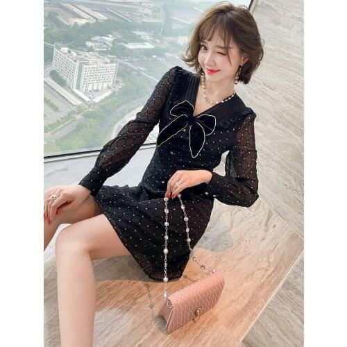 Hot Rhinestone Diamond Jacquard Pleated V-neck Bow Knot Waist Dress Womens 2020 Early Autumn New