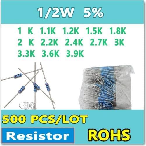 JASNPROSMA 500PCS/LOT 5% 1/2W 1K 1.1K 1.2K 1.5K 1.8K 2K 2.2K 2.4K 2.7K 3K 3.3K 3.6K 3.9K carbon film DIP OHM Resistor