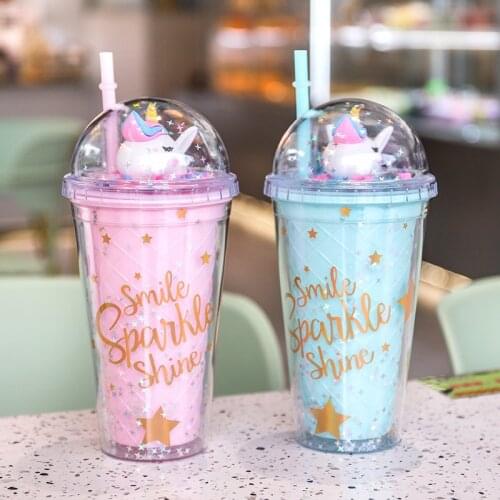 Korean Unicorn Cartoon Sippy Mug Creative Plastic Water Cups Large Capacity Double Layer Cold Water Cups Students Coffee Cup