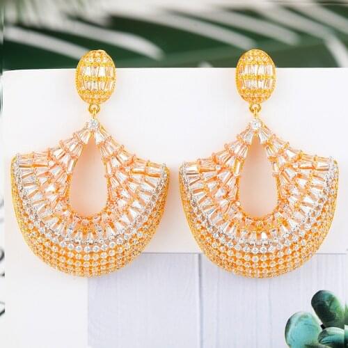 LARRAURI Luxury Wedding Flower Drop Long Earrings For Women Bridal Copper Shining Full Cubic Zircons Fashion Jewelry