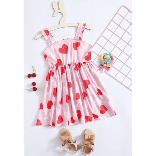Summer Girl Kids Valentines Day Dress Heart Print Ruffle Sleeveless Sling A-line Dress for Birthday Party Photography Vacation
